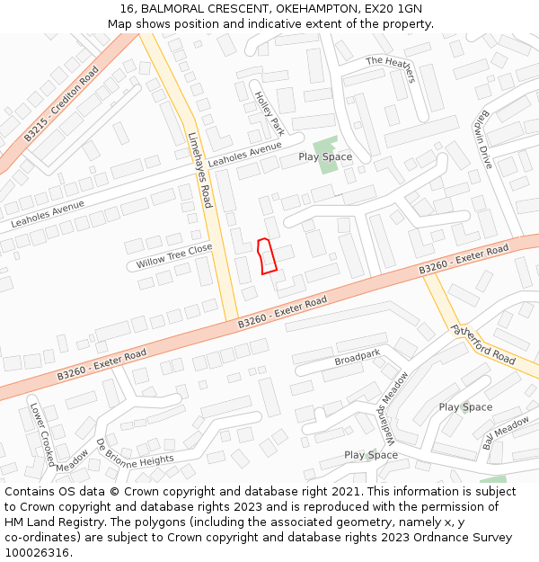 16, BALMORAL CRESCENT, OKEHAMPTON, EX20 1GN: Location map and indicative extent of plot