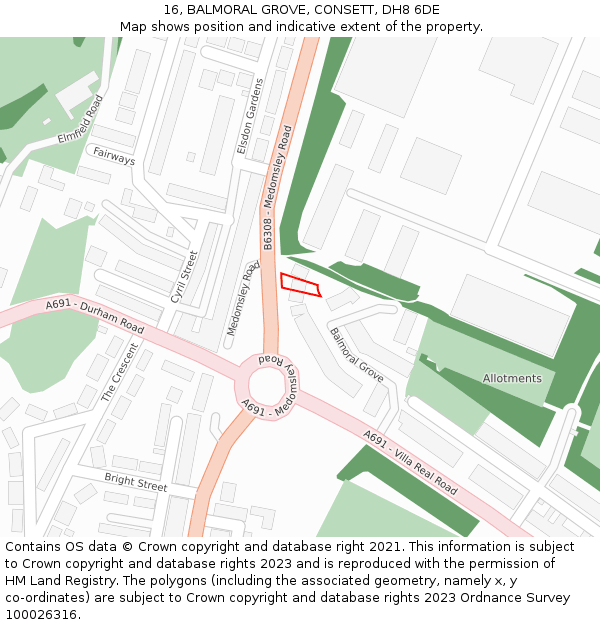 16, BALMORAL GROVE, CONSETT, DH8 6DE: Location map and indicative extent of plot