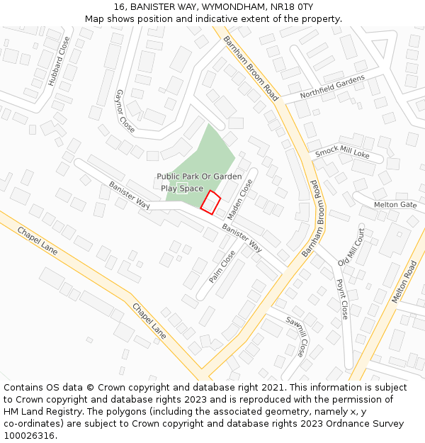 16, BANISTER WAY, WYMONDHAM, NR18 0TY: Location map and indicative extent of plot
