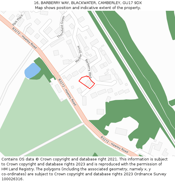 16, BARBERRY WAY, BLACKWATER, CAMBERLEY, GU17 9DX: Location map and indicative extent of plot