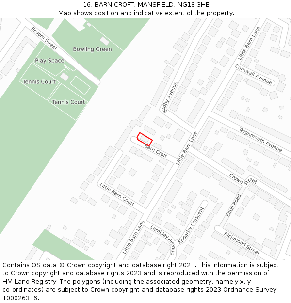 16, BARN CROFT, MANSFIELD, NG18 3HE: Location map and indicative extent of plot