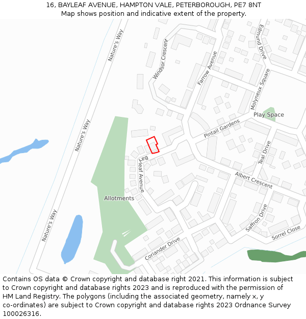16, BAYLEAF AVENUE, HAMPTON VALE, PETERBOROUGH, PE7 8NT: Location map and indicative extent of plot