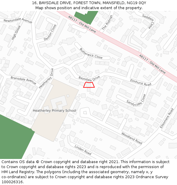 16, BAYSDALE DRIVE, FOREST TOWN, MANSFIELD, NG19 0QY: Location map and indicative extent of plot