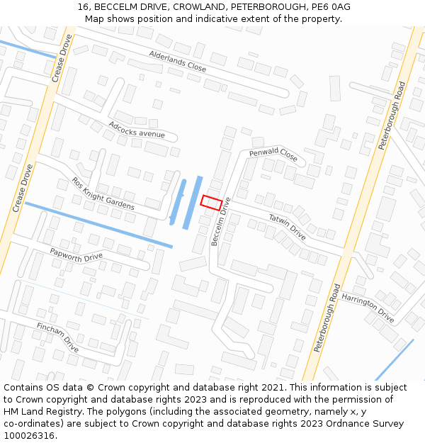 16, BECCELM DRIVE, CROWLAND, PETERBOROUGH, PE6 0AG: Location map and indicative extent of plot