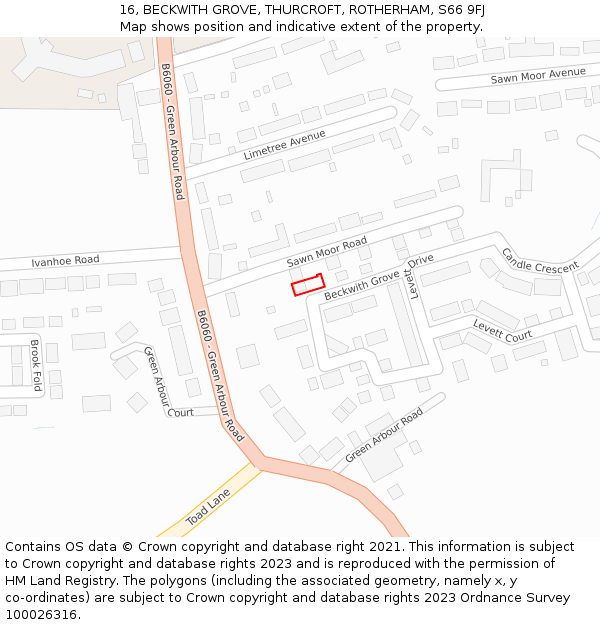 16, BECKWITH GROVE, THURCROFT, ROTHERHAM, S66 9FJ: Location map and indicative extent of plot
