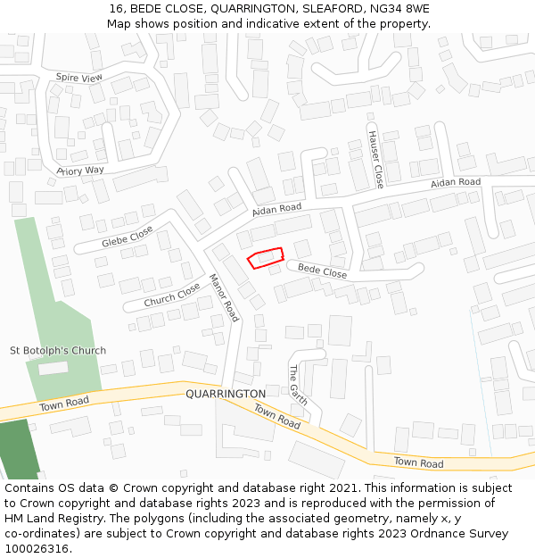 16, BEDE CLOSE, QUARRINGTON, SLEAFORD, NG34 8WE: Location map and indicative extent of plot