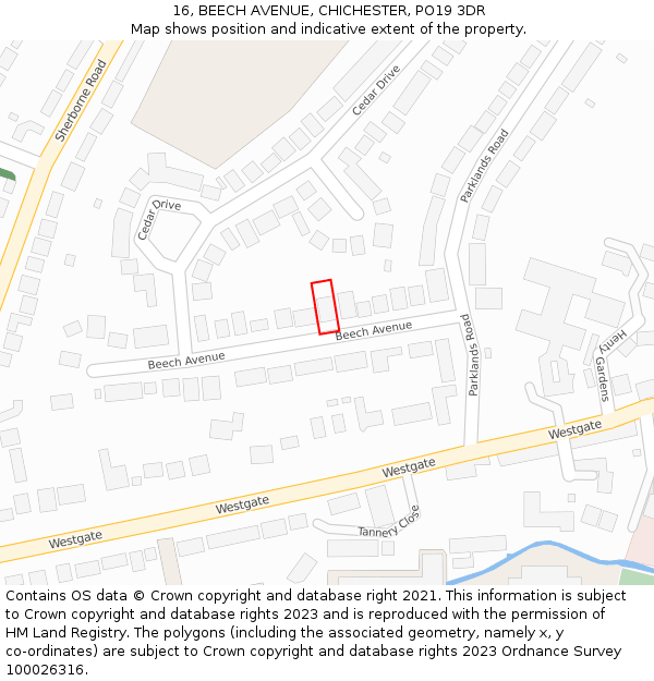 16, BEECH AVENUE, CHICHESTER, PO19 3DR: Location map and indicative extent of plot