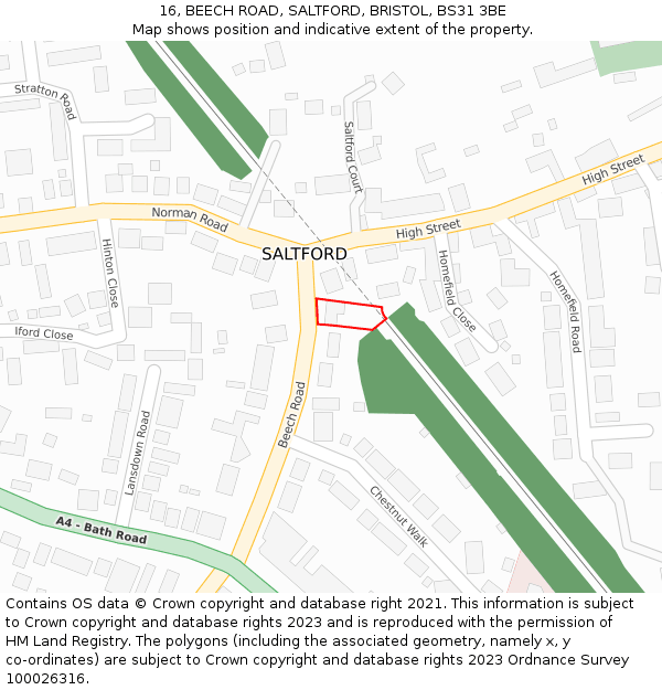 16, BEECH ROAD, SALTFORD, BRISTOL, BS31 3BE: Location map and indicative extent of plot