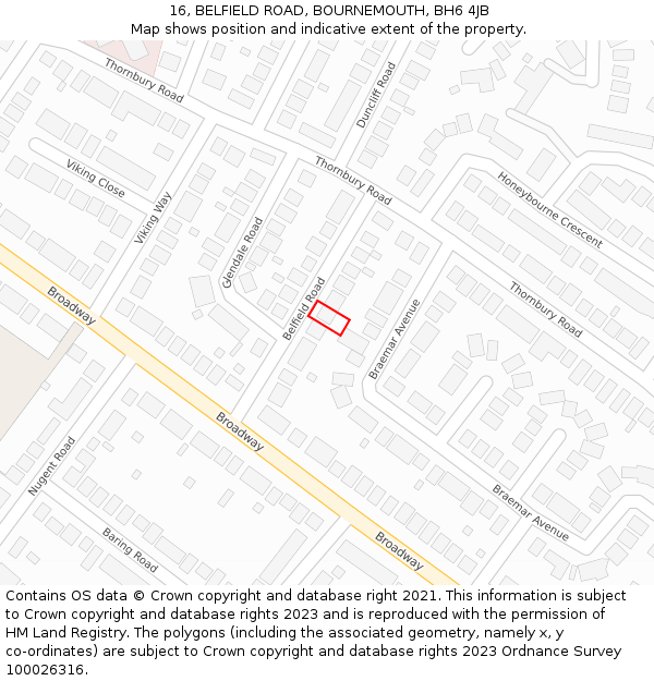 16, BELFIELD ROAD, BOURNEMOUTH, BH6 4JB: Location map and indicative extent of plot
