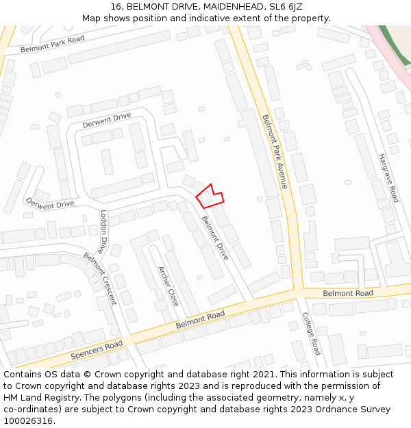 16, BELMONT DRIVE, MAIDENHEAD, SL6 6JZ: Location map and indicative extent of plot