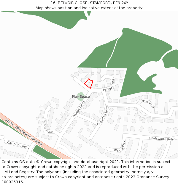 16, BELVOIR CLOSE, STAMFORD, PE9 2XY: Location map and indicative extent of plot