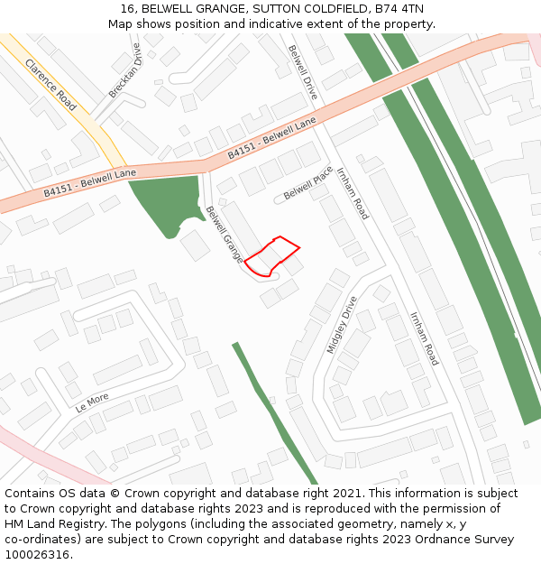 16, BELWELL GRANGE, SUTTON COLDFIELD, B74 4TN: Location map and indicative extent of plot