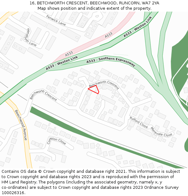 16, BETCHWORTH CRESCENT, BEECHWOOD, RUNCORN, WA7 2YA: Location map and indicative extent of plot