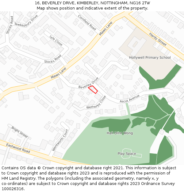 16, BEVERLEY DRIVE, KIMBERLEY, NOTTINGHAM, NG16 2TW: Location map and indicative extent of plot