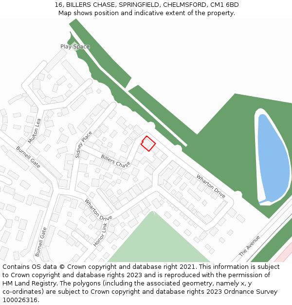 16, BILLERS CHASE, SPRINGFIELD, CHELMSFORD, CM1 6BD: Location map and indicative extent of plot