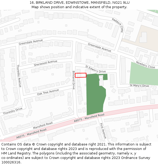 16, BIRKLAND DRIVE, EDWINSTOWE, MANSFIELD, NG21 9LU: Location map and indicative extent of plot