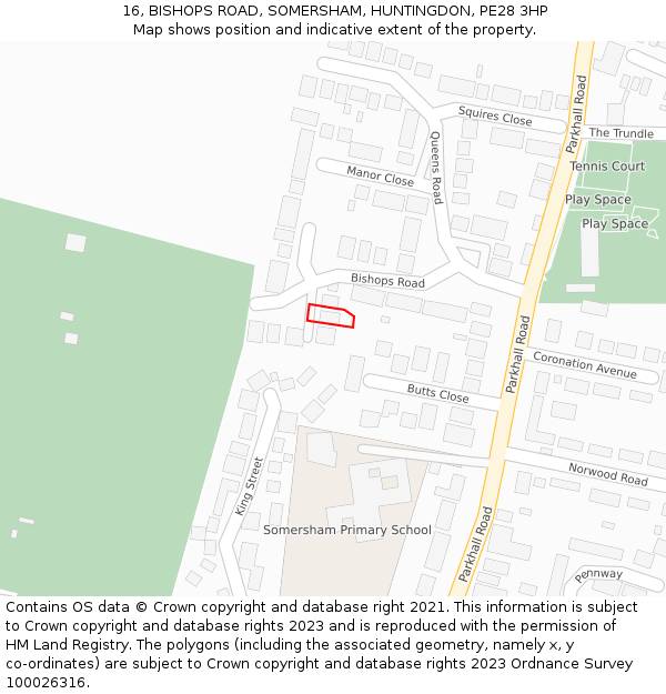 16, BISHOPS ROAD, SOMERSHAM, HUNTINGDON, PE28 3HP: Location map and indicative extent of plot