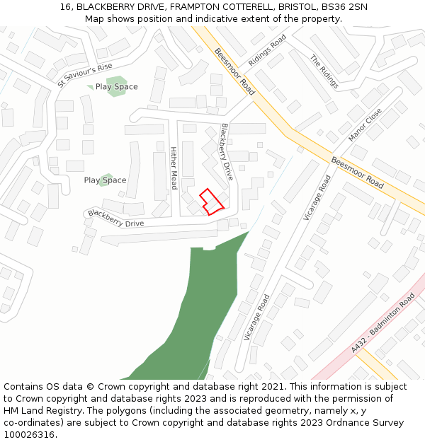 16, BLACKBERRY DRIVE, FRAMPTON COTTERELL, BRISTOL, BS36 2SN: Location map and indicative extent of plot
