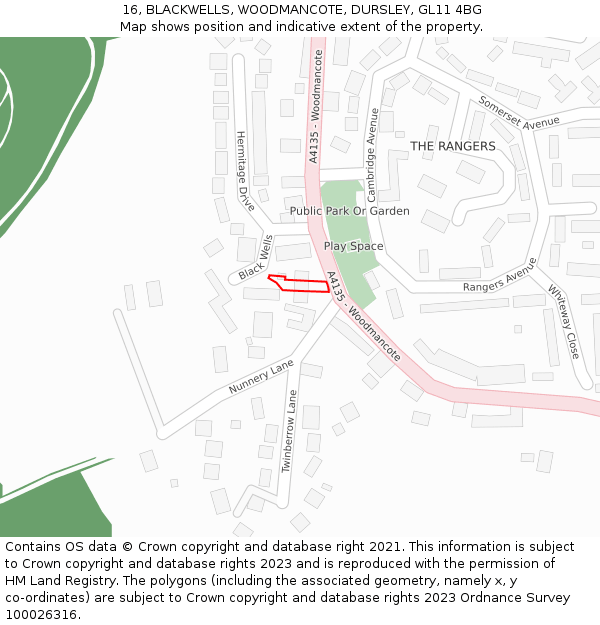 16, BLACKWELLS, WOODMANCOTE, DURSLEY, GL11 4BG: Location map and indicative extent of plot
