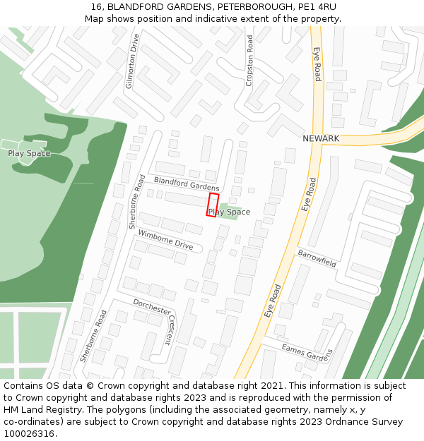 16, BLANDFORD GARDENS, PETERBOROUGH, PE1 4RU: Location map and indicative extent of plot