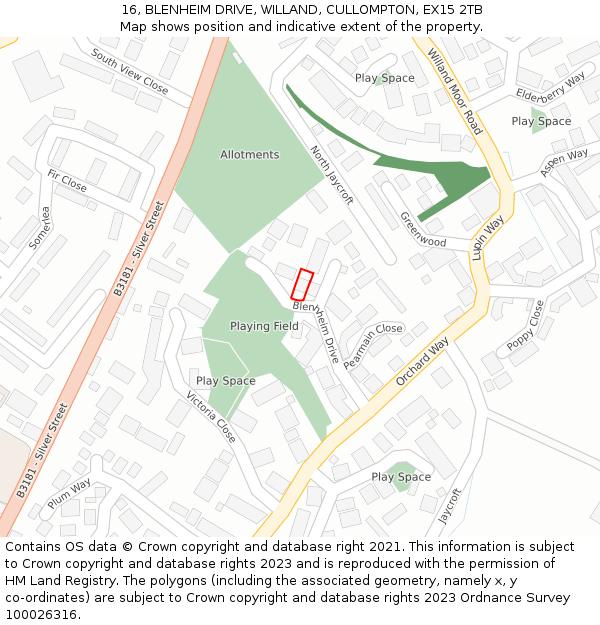 16, BLENHEIM DRIVE, WILLAND, CULLOMPTON, EX15 2TB: Location map and indicative extent of plot