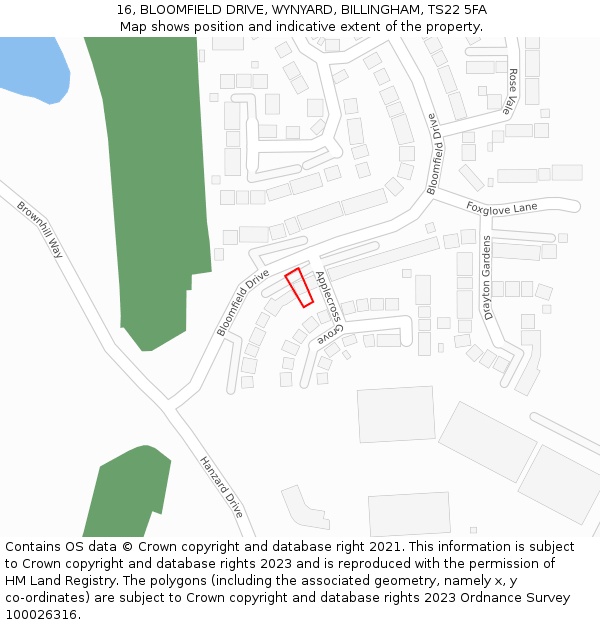 16, BLOOMFIELD DRIVE, WYNYARD, BILLINGHAM, TS22 5FA: Location map and indicative extent of plot