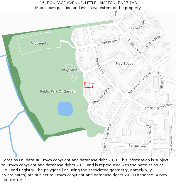 16, BONIFACE AVENUE, LITTLEHAMPTON, BN17 7AD: Location map and indicative extent of plot