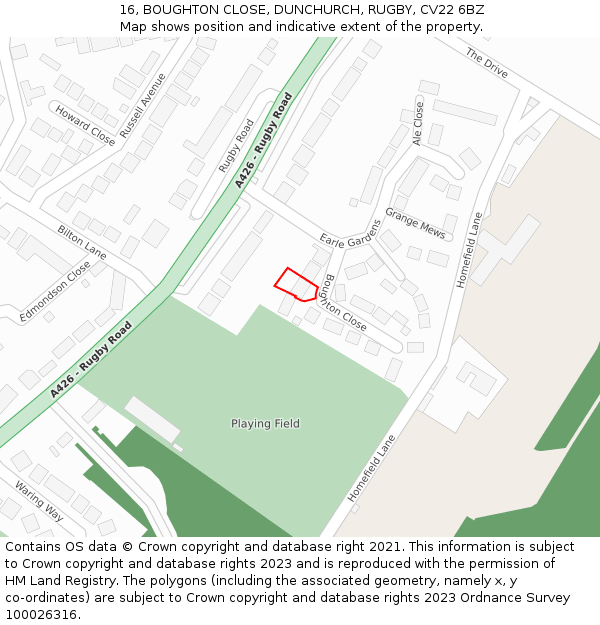 16, BOUGHTON CLOSE, DUNCHURCH, RUGBY, CV22 6BZ: Location map and indicative extent of plot