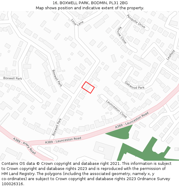 16, BOXWELL PARK, BODMIN, PL31 2BG: Location map and indicative extent of plot