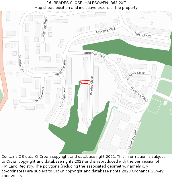 16, BRADES CLOSE, HALESOWEN, B63 2XZ: Location map and indicative extent of plot
