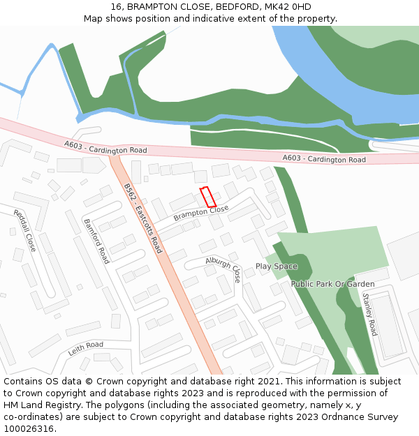 16, BRAMPTON CLOSE, BEDFORD, MK42 0HD: Location map and indicative extent of plot