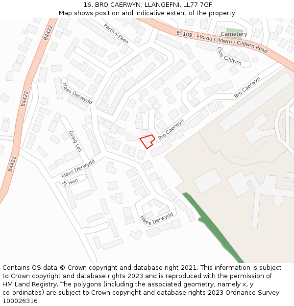 16, BRO CAERWYN, LLANGEFNI, LL77 7GF: Location map and indicative extent of plot