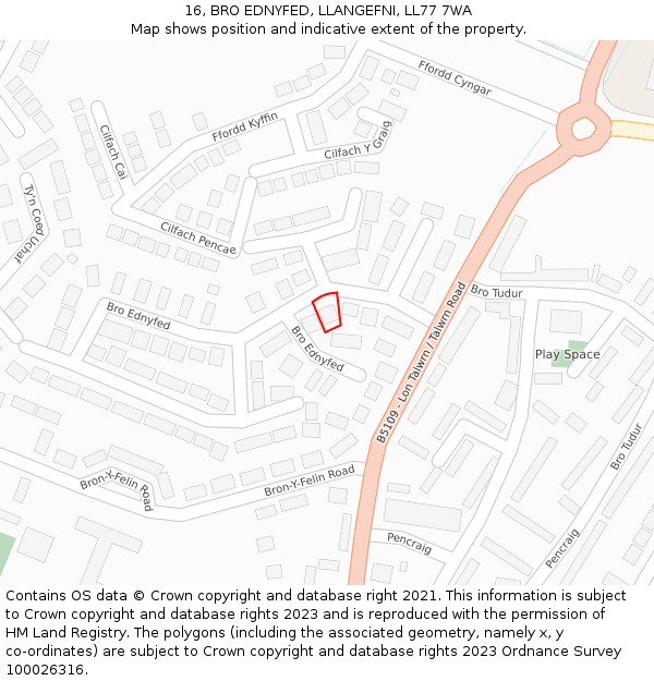 16, BRO EDNYFED, LLANGEFNI, LL77 7WA: Location map and indicative extent of plot