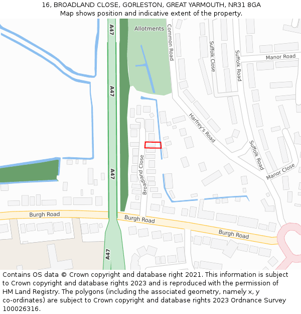 16, BROADLAND CLOSE, GORLESTON, GREAT YARMOUTH, NR31 8GA: Location map and indicative extent of plot