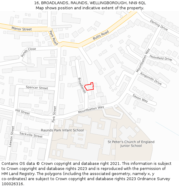 16, BROADLANDS, RAUNDS, WELLINGBOROUGH, NN9 6QL: Location map and indicative extent of plot