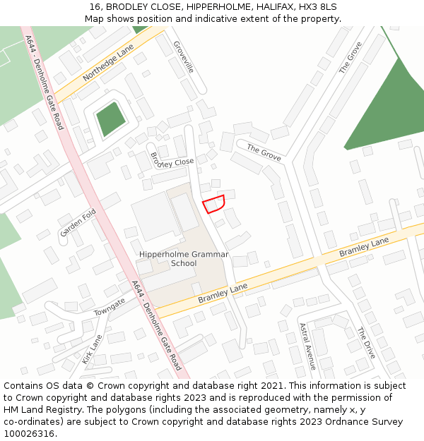 16, BRODLEY CLOSE, HIPPERHOLME, HALIFAX, HX3 8LS: Location map and indicative extent of plot
