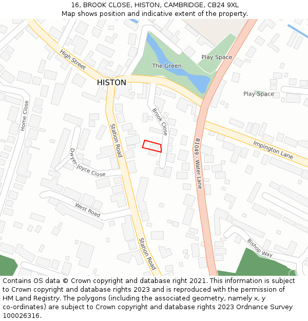 16, BROOK CLOSE, HISTON, CAMBRIDGE, CB24 9XL: Location map and indicative extent of plot
