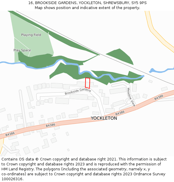 16, BROOKSIDE GARDENS, YOCKLETON, SHREWSBURY, SY5 9PS: Location map and indicative extent of plot
