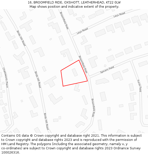 16, BROOMFIELD RIDE, OXSHOTT, LEATHERHEAD, KT22 0LW: Location map and indicative extent of plot