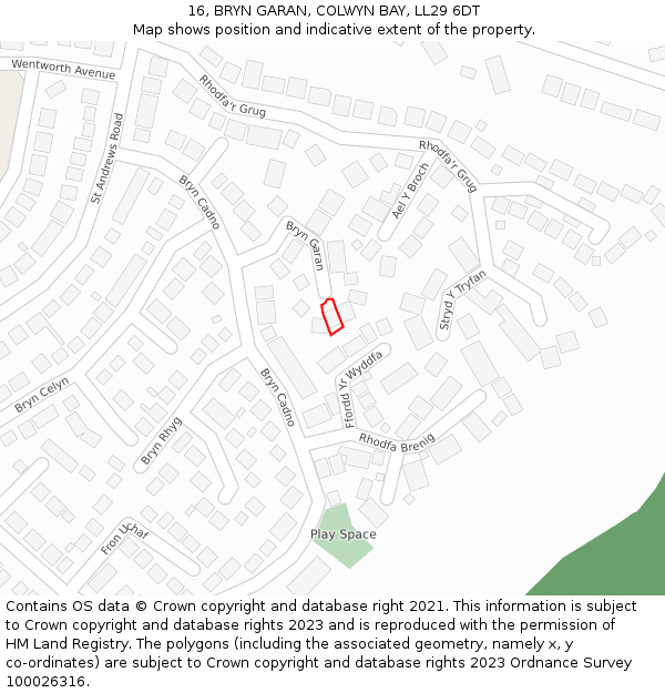 16, BRYN GARAN, COLWYN BAY, LL29 6DT: Location map and indicative extent of plot
