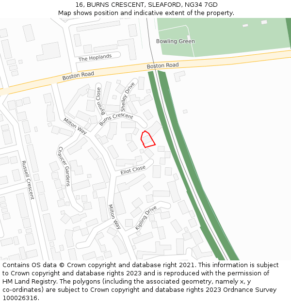 16, BURNS CRESCENT, SLEAFORD, NG34 7GD: Location map and indicative extent of plot