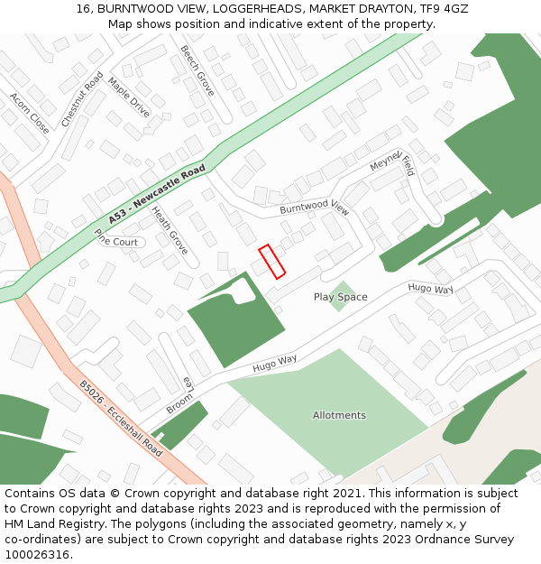 16, BURNTWOOD VIEW, LOGGERHEADS, MARKET DRAYTON, TF9 4GZ: Location map and indicative extent of plot