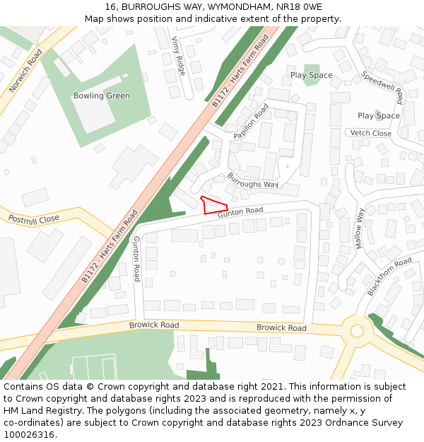 16, BURROUGHS WAY, WYMONDHAM, NR18 0WE: Location map and indicative extent of plot
