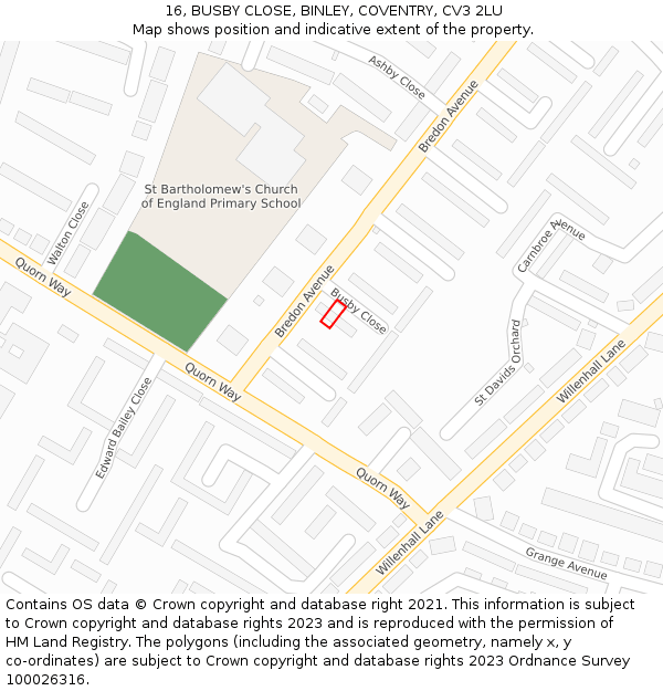 16, BUSBY CLOSE, BINLEY, COVENTRY, CV3 2LU: Location map and indicative extent of plot