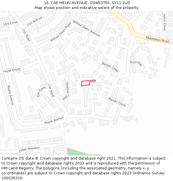 16, CAE MELIN AVENUE, OSWESTRY, SY11 2US: Location map and indicative extent of plot