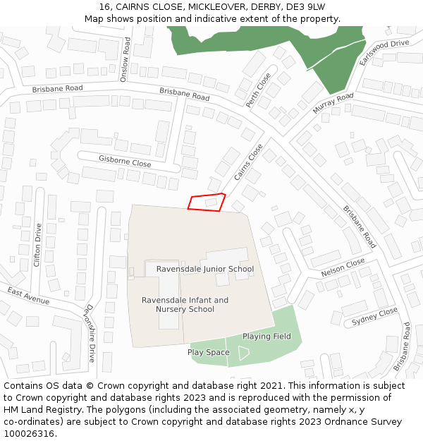 16, CAIRNS CLOSE, MICKLEOVER, DERBY, DE3 9LW: Location map and indicative extent of plot