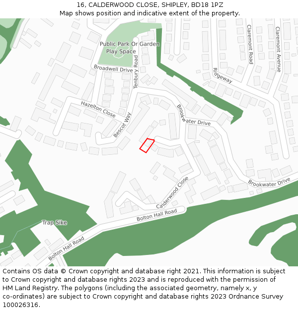 16, CALDERWOOD CLOSE, SHIPLEY, BD18 1PZ: Location map and indicative extent of plot