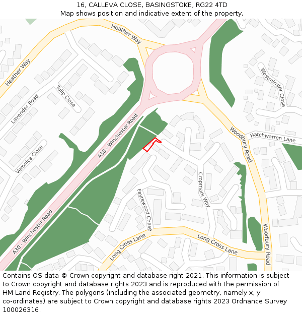 16, CALLEVA CLOSE, BASINGSTOKE, RG22 4TD: Location map and indicative extent of plot