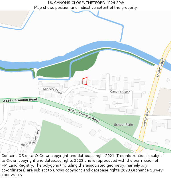 16, CANONS CLOSE, THETFORD, IP24 3PW: Location map and indicative extent of plot