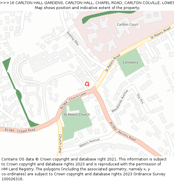 16 CARLTON HALL GARDENS, CARLTON HALL, CHAPEL ROAD, CARLTON COLVILLE, LOWESTOFT, NR33 8BL: Location map and indicative extent of plot
